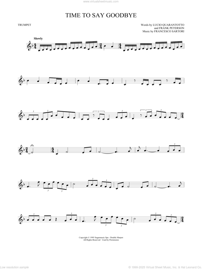 Time To Say Goodbye sheet music for trumpet solo by Andrea Bocelli & Sarah Brightman, Francesco Sartori, Frank Peterson and Lucio Quarantotto, classical score, intermediate skill level