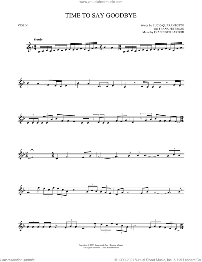 Time To Say Goodbye sheet music for violin solo by Andrea Bocelli & Sarah Brightman, Francesco Sartori, Frank Peterson and Lucio Quarantotto, classical score, intermediate skill level