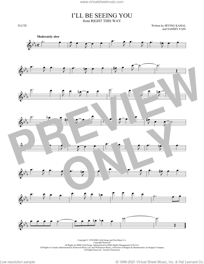 I'll Be Seeing You sheet music for flute solo by Irving Kahal & Sammy Fain, Irving Kahal and Sammy Fain, intermediate skill level