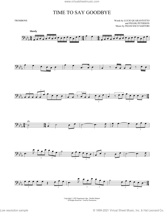 Time To Say Goodbye sheet music for trombone solo by Andrea Bocelli & Sarah Brightman, Francesco Sartori, Frank Peterson and Lucio Quarantotto, classical score, intermediate skill level