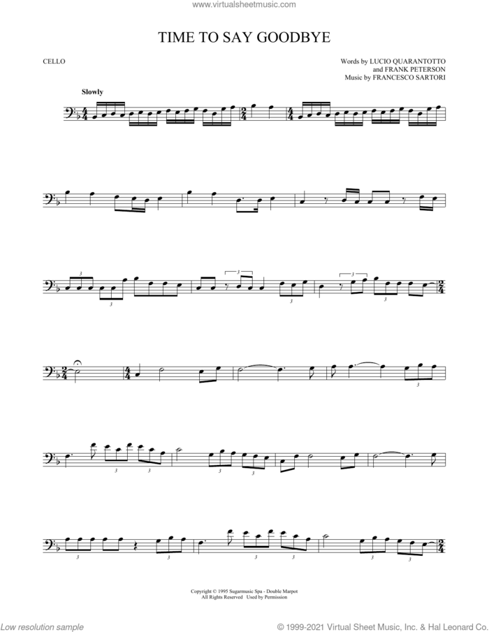 Time To Say Goodbye sheet music for cello solo by Andrea Bocelli & Sarah Brightman, Francesco Sartori, Frank Peterson and Lucio Quarantotto, classical score, intermediate skill level