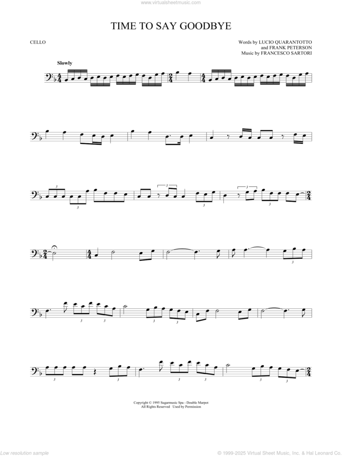 Time To Say Goodbye sheet music for cello solo by Andrea Bocelli & Sarah Brightman, Francesco Sartori, Frank Peterson and Lucio Quarantotto, classical score, intermediate skill level