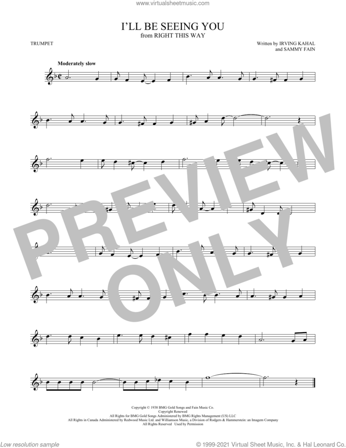 I'll Be Seeing You sheet music for trumpet solo by Irving Kahal & Sammy Fain, Irving Kahal and Sammy Fain, intermediate skill level