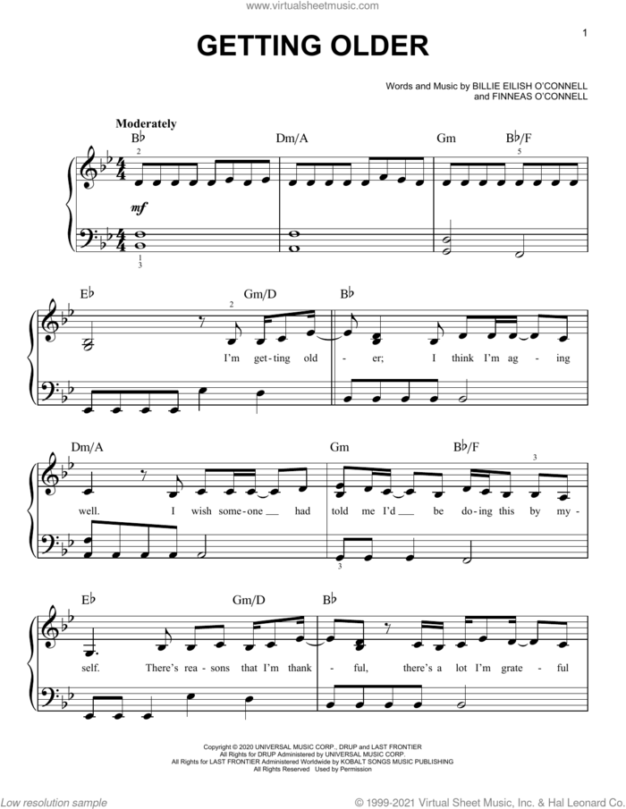 Getting Older sheet music for piano solo by Billie Eilish, easy skill level