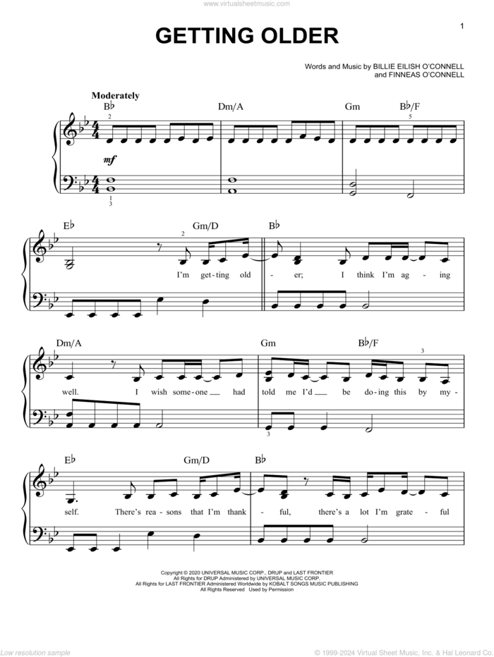 Getting Older sheet music for piano solo by Billie Eilish, easy skill level