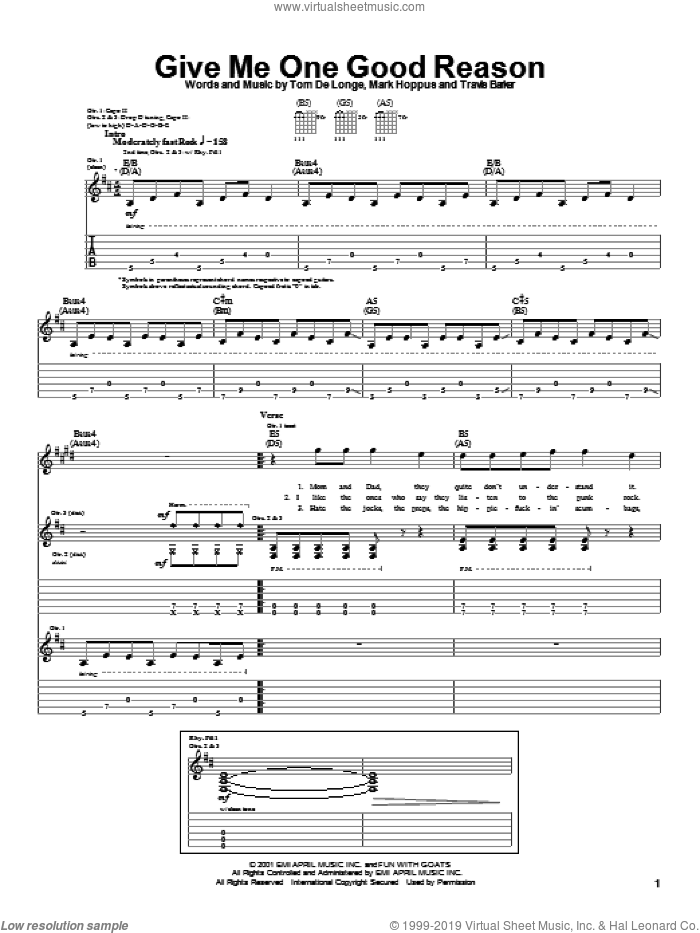 Give Me One Good Reason sheet music for guitar (tablature) by Blink-182, Mark Hoppus, Tom DeLonge and Travis Barker, intermediate skill level