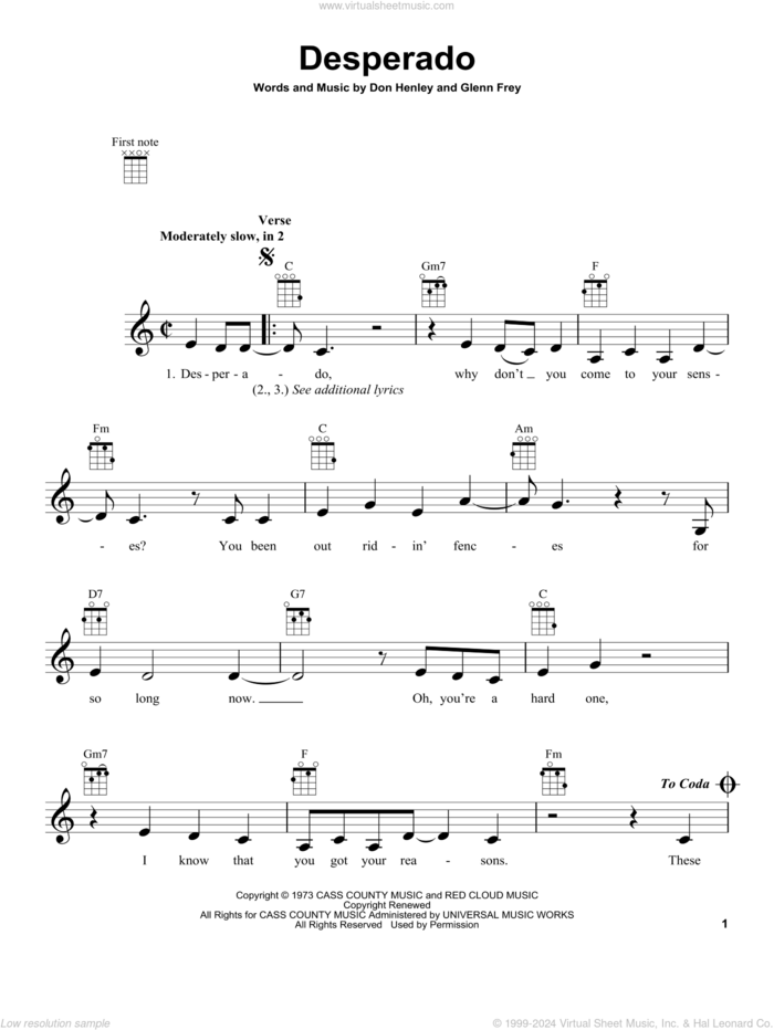 Desperado sheet music for ukulele by Don Henley, The Eagles and Glenn Frey, intermediate skill level