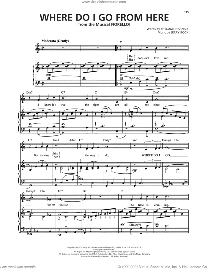Where Do I Go From Here (from Fiorello) sheet music for voice, piano or guitar by Bock & Harnick, Jerry Bock and Sheldon Harnick, intermediate skill level