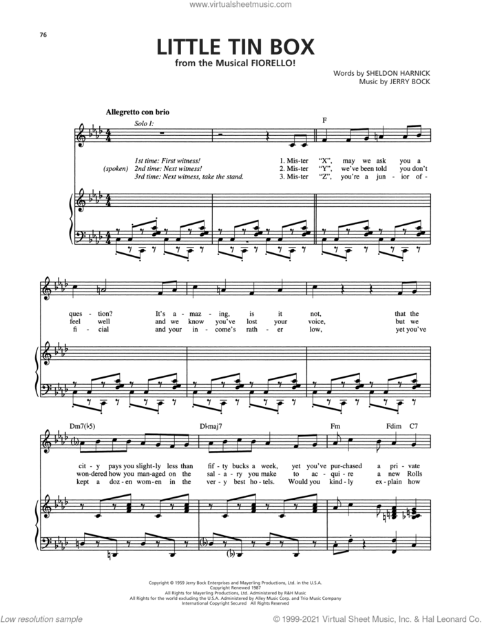Little Tin Box (from Fiorello) sheet music for voice and piano by Bock & Harnick, Jerry Bock and Sheldon Harnick, intermediate skill level