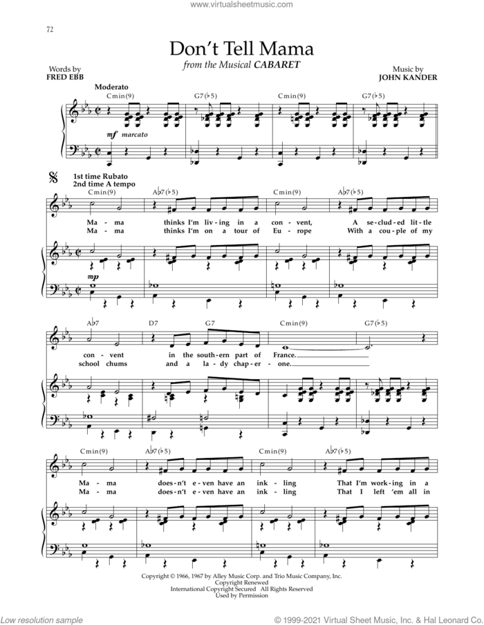 Don't Tell Mama (from Cabaret) sheet music for voice and piano by Kander & Ebb, Fred Ebb and John Kander, intermediate skill level