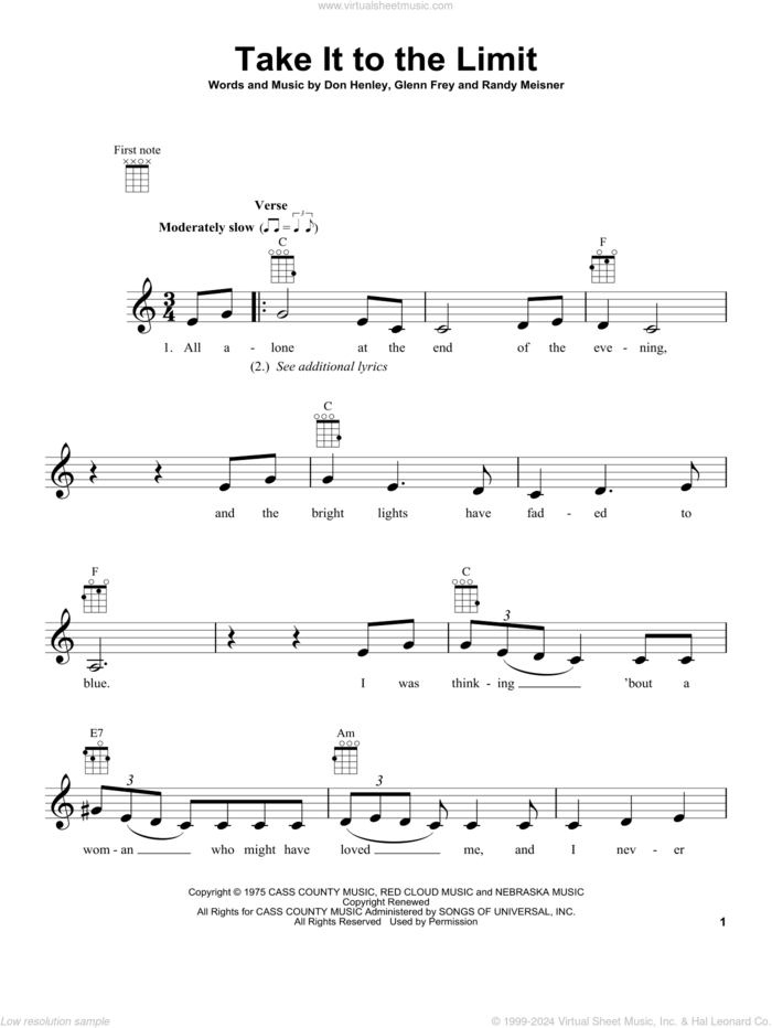 Take It To The Limit sheet music for ukulele by Don Henley, The Eagles, Glenn Frey and Randy Meisner, intermediate skill level