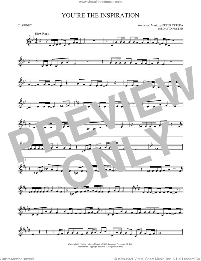 You're The Inspiration sheet music for clarinet solo by Chicago, David Foster and Peter Cetera, intermediate skill level
