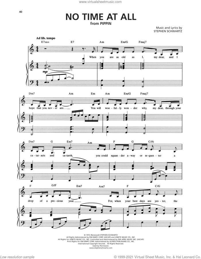 No Time At All (from Pippin) sheet music for voice and piano by Stephen Schwartz, intermediate skill level