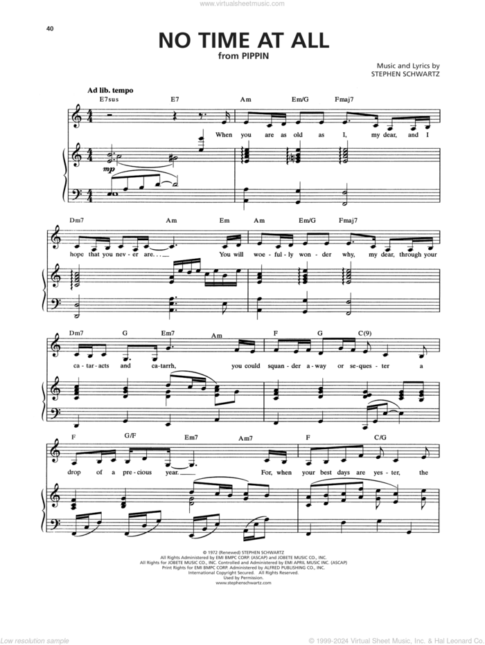 No Time At All (from Pippin) sheet music for voice and piano by Stephen Schwartz, intermediate skill level