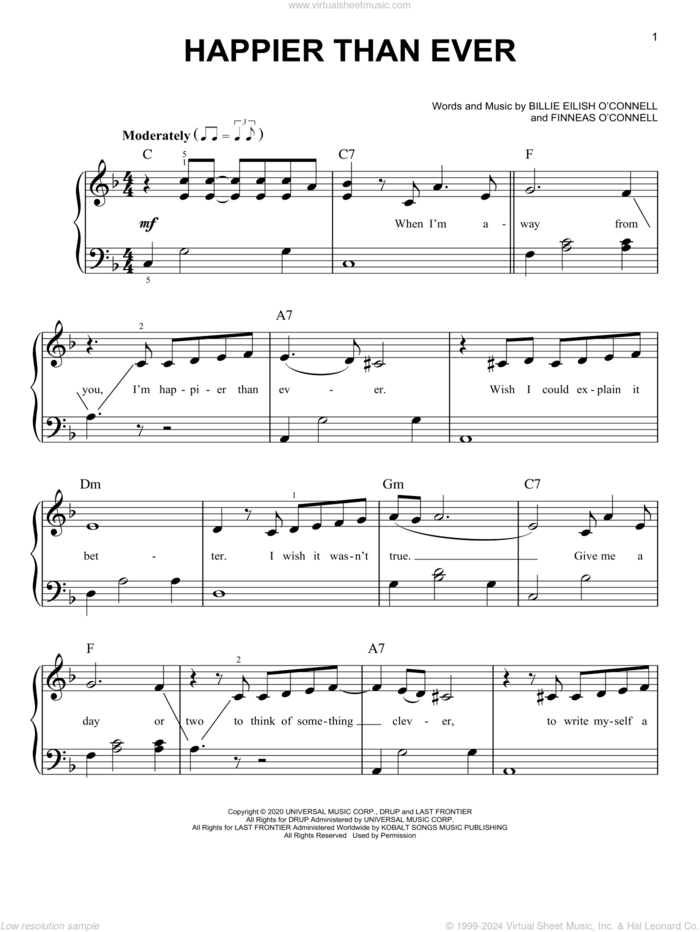 Happier Than Ever, (easy) sheet music for piano solo by Billie Eilish, easy skill level