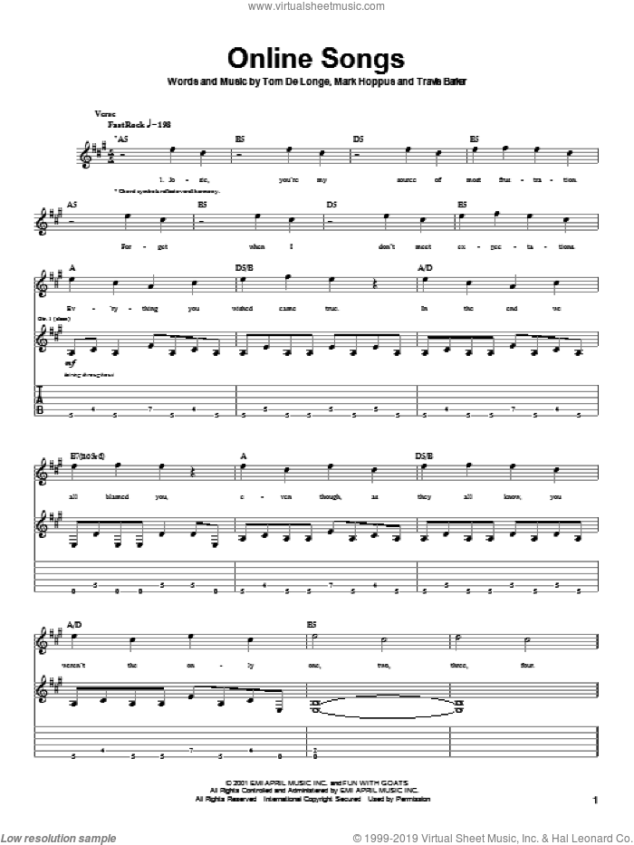 Online Songs sheet music for guitar (tablature) by Blink-182, Mark Hoppus, Tom DeLonge and Travis Barker, intermediate skill level