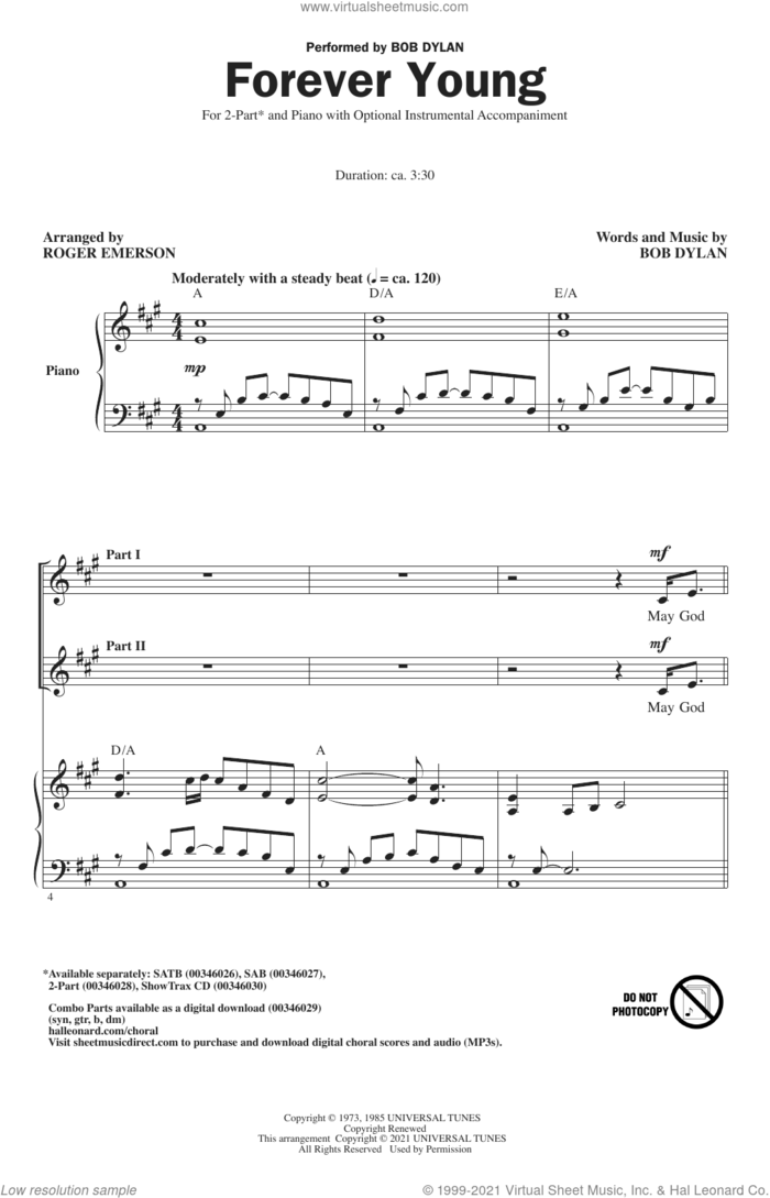 Forever Young (arr. Roger Emerson) sheet music for choir (2-Part) by Bob Dylan and Roger Emerson, intermediate duet