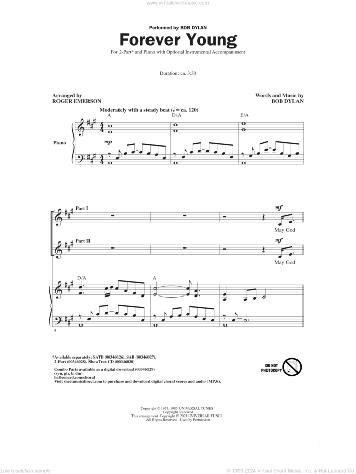 Forever Young (arr. Roger Emerson) sheet music for choir (2-Part) by Bob Dylan and Roger Emerson, intermediate duet