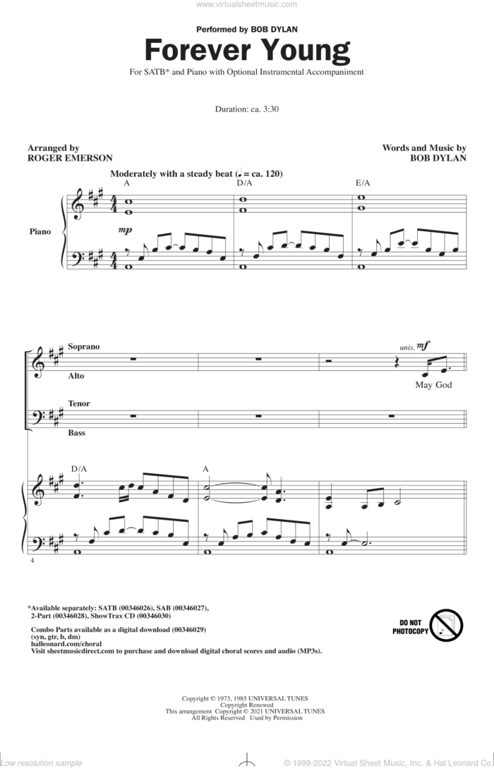 Forever Young (arr. Roger Emerson) sheet music for choir (SATB: soprano, alto, tenor, bass) by Bob Dylan and Roger Emerson, intermediate skill level