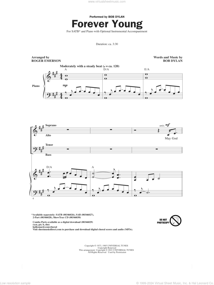 Forever Young (arr. Roger Emerson) sheet music for choir (SATB: soprano, alto, tenor, bass) by Bob Dylan and Roger Emerson, intermediate skill level