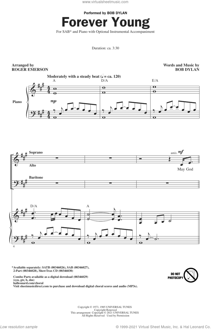 Forever Young (arr. Roger Emerson) sheet music for choir (SAB: soprano, alto, bass) by Bob Dylan and Roger Emerson, intermediate skill level