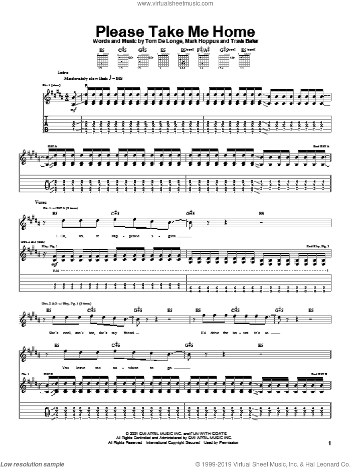Please Take Me Home sheet music for guitar (tablature) by Blink-182, Mark Hoppus, Tom DeLonge and Travis Barker, intermediate skill level