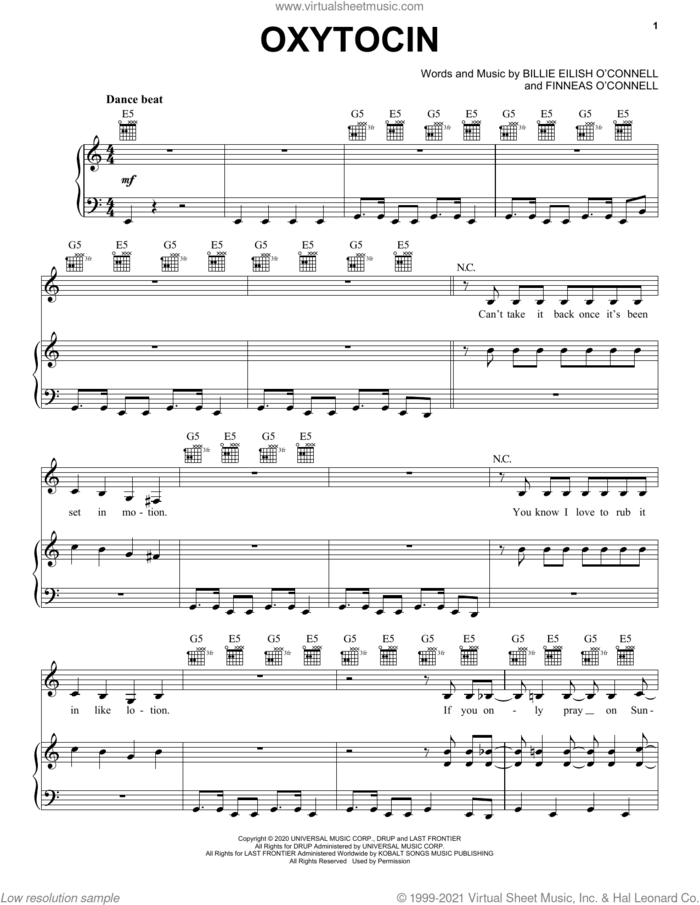 Oxytocin sheet music for voice, piano or guitar by Billie Eilish, intermediate skill level
