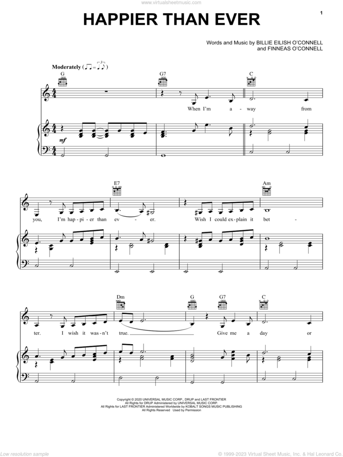 Happier Than Ever sheet music for voice, piano or guitar by Billie Eilish, intermediate skill level