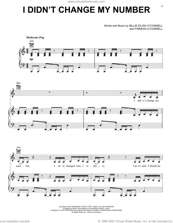 I Didn't Change My Number sheet music for voice, piano or guitar by Billie Eilish, intermediate skill level