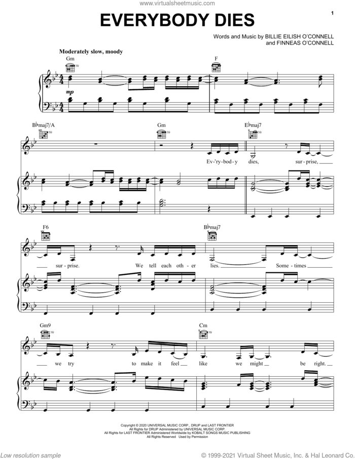 Everybody Dies sheet music for voice, piano or guitar by Billie Eilish, intermediate skill level