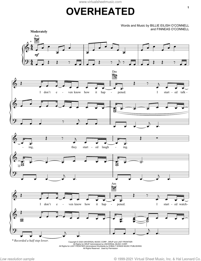 OverHeated sheet music for voice, piano or guitar by Billie Eilish, intermediate skill level