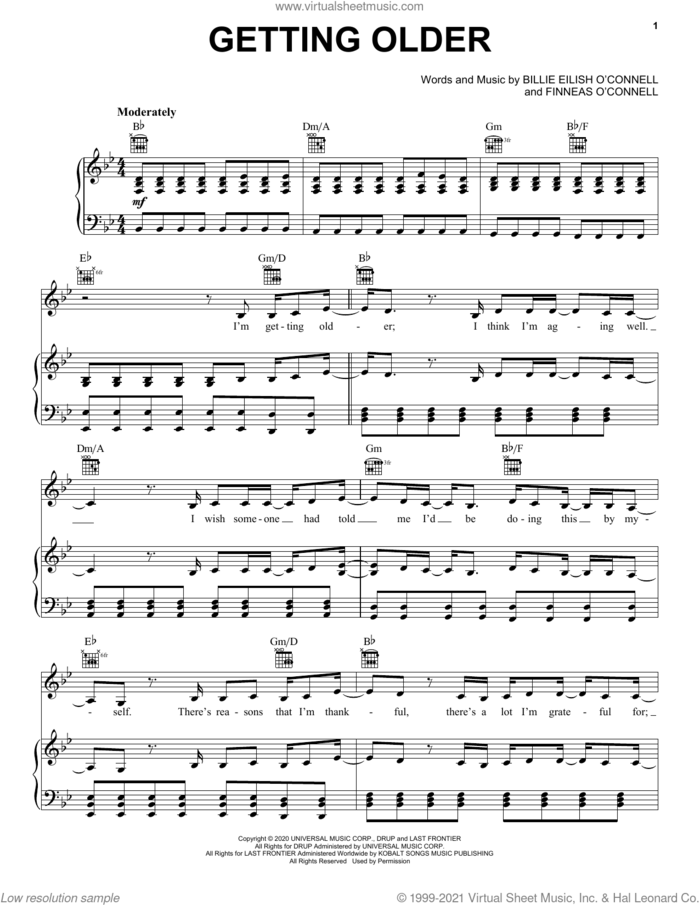 Getting Older sheet music for voice, piano or guitar by Billie Eilish, intermediate skill level
