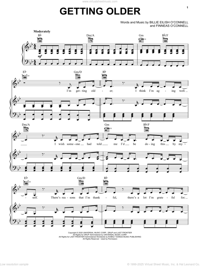 Getting Older sheet music for voice, piano or guitar by Billie Eilish, intermediate skill level