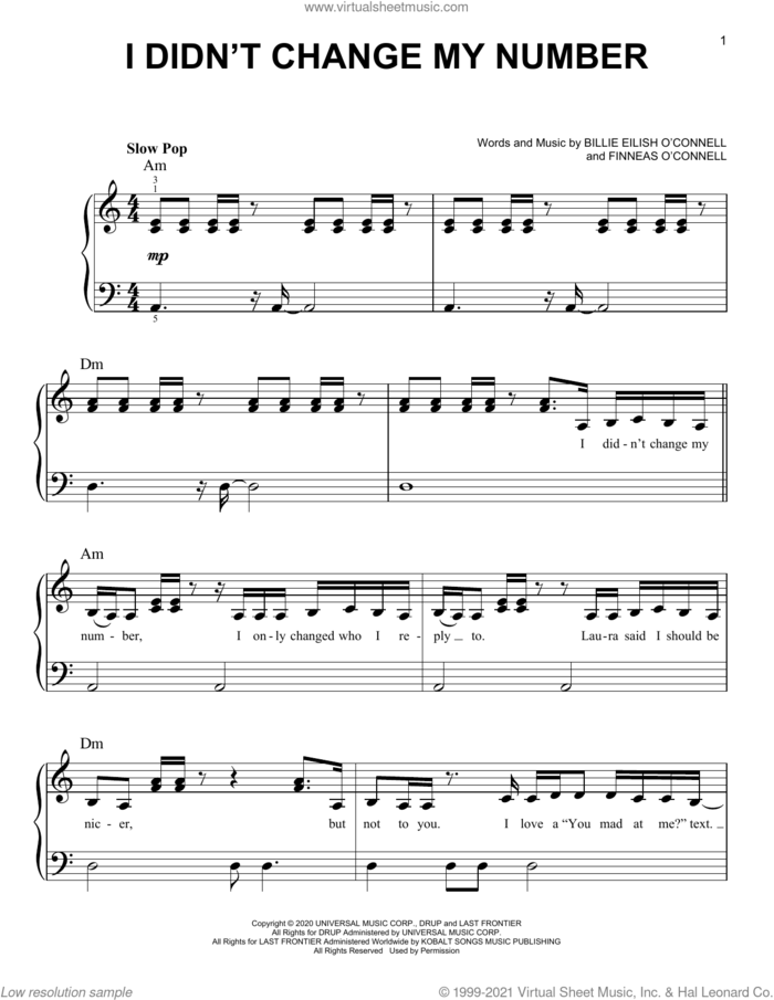 I Didn't Change My Number sheet music for piano solo by Billie Eilish, easy skill level