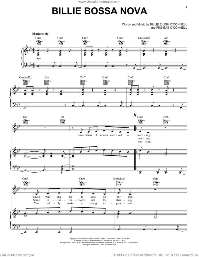 Billie Bossa Nova sheet music for voice, piano or guitar by Billie Eilish, intermediate skill level