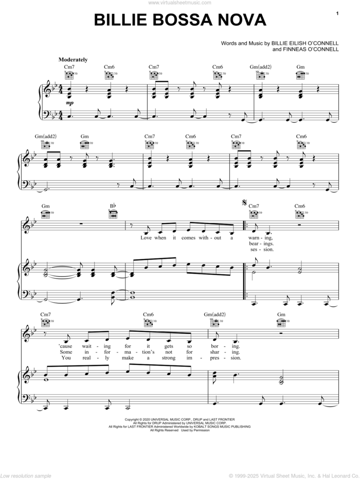 Billie Bossa Nova sheet music for voice, piano or guitar by Billie Eilish, intermediate skill level