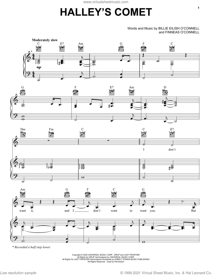 Halley's Comet sheet music for voice, piano or guitar by Billie Eilish, intermediate skill level