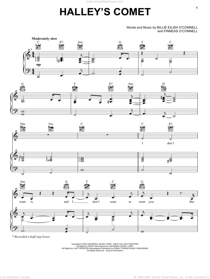 Halley's Comet sheet music for voice, piano or guitar by Billie Eilish, intermediate skill level