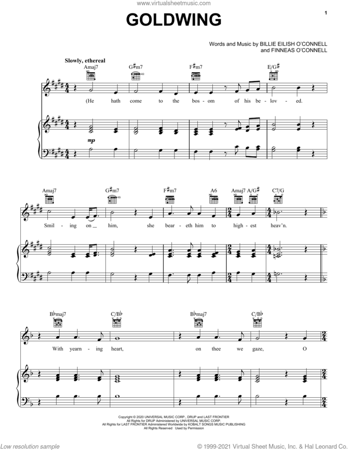 GOLDWING sheet music for voice, piano or guitar by Billie Eilish, intermediate skill level