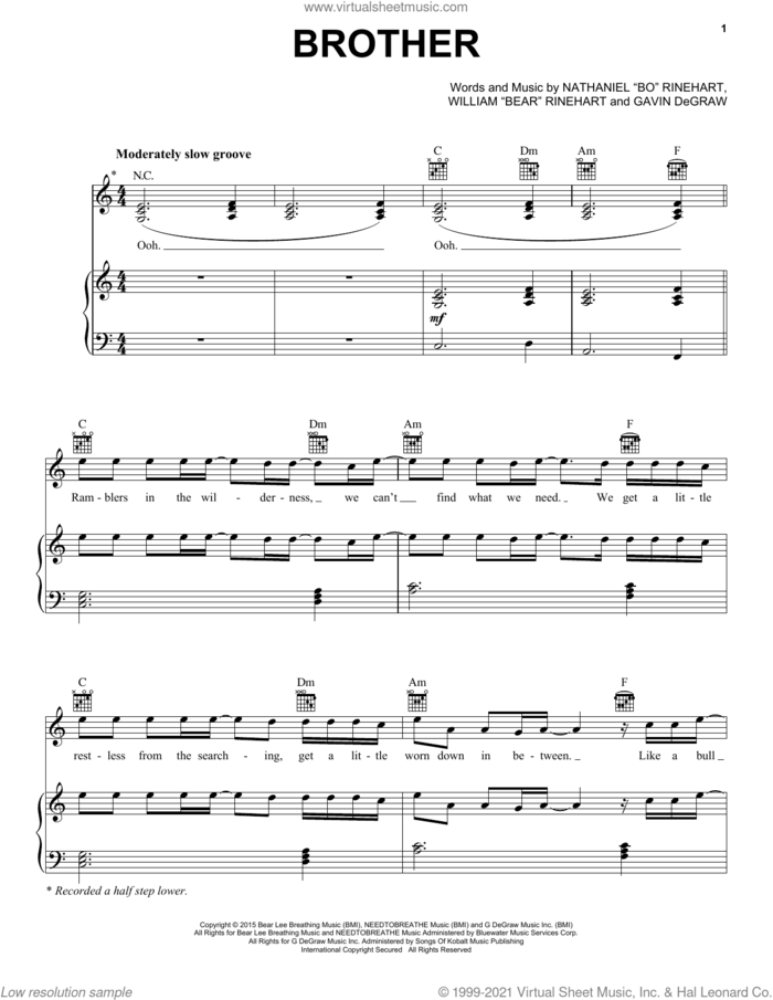 Brother (feat. Gavin DeGraw) sheet music for voice, piano or guitar by NEEDTOBREATHE, Gavin DeGraw, Nathaniel 'Bo' Rinehart and William 'Bear' Rinehart, intermediate skill level