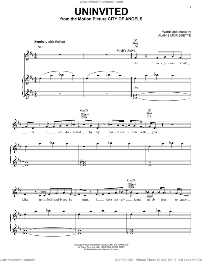 Uninvited (from City Of Angels) sheet music for voice, piano or guitar by Alanis Morissette, intermediate skill level