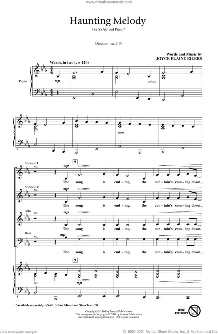 Haunting Melody sheet music for choir (SSAB) by Joyce Eilers, intermediate skill level