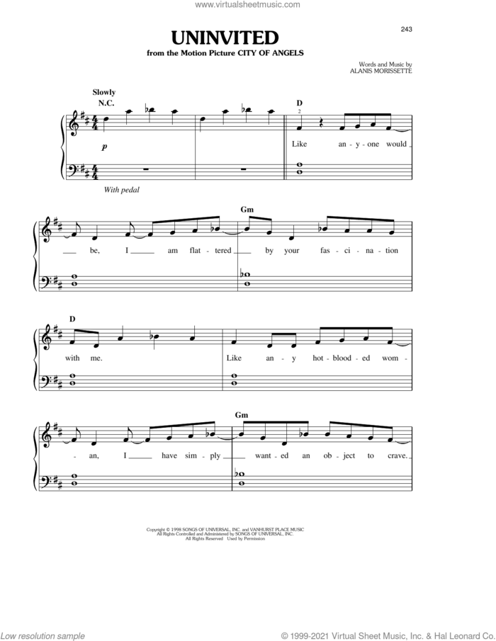 Uninvited (from City Of Angels) sheet music for piano solo by Alanis Morissette, easy skill level