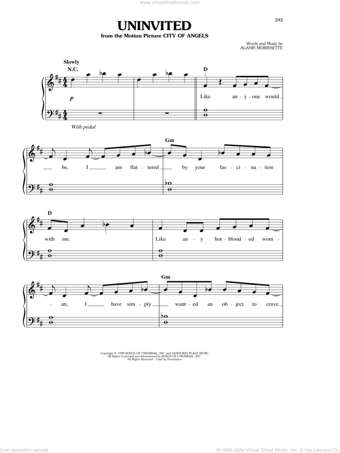 Uninvited (from City Of Angels) sheet music for piano solo by Alanis Morissette, easy skill level