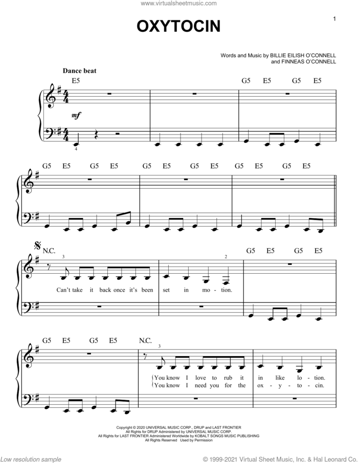 Oxytocin sheet music for piano solo by Billie Eilish, easy skill level