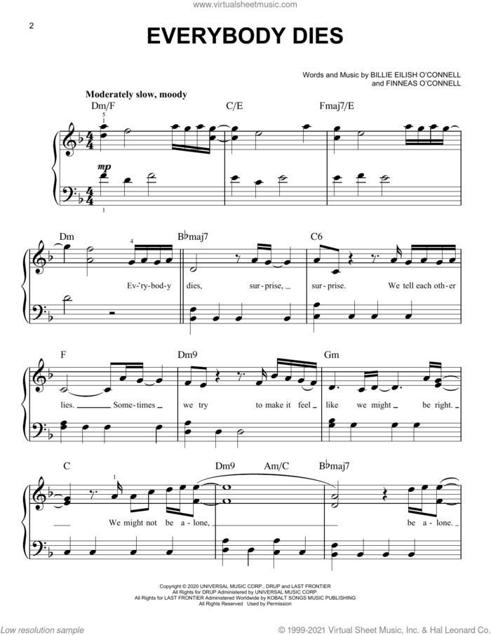 Everybody Dies sheet music for piano solo by Billie Eilish, easy skill level