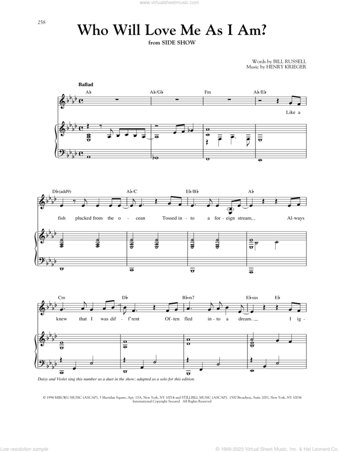 Who Will Love Me As I Am? (from Side Show) sheet music for voice and piano by Henry Krieger, Richard Walters and Bill Russell, intermediate skill level