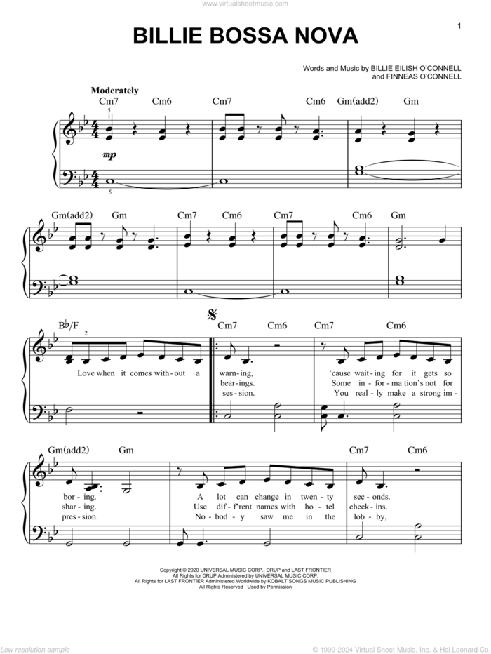 Billie Bossa Nova sheet music for piano solo by Billie Eilish, easy skill level