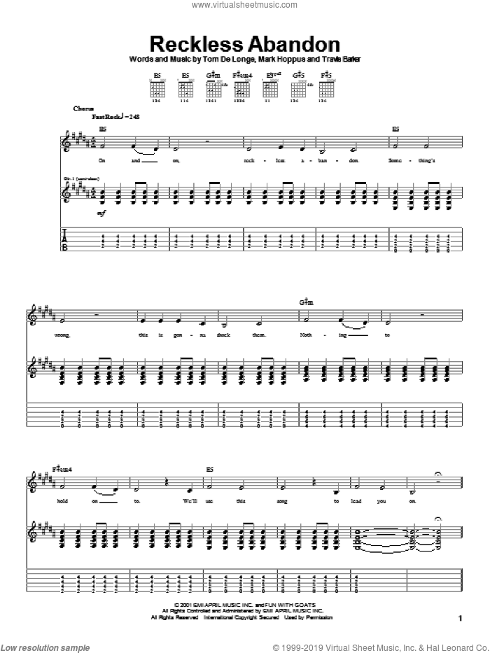 Reckless Abandon sheet music for guitar (tablature) by Blink-182, Mark Hoppus, Tom DeLonge and Travis Barker, intermediate skill level