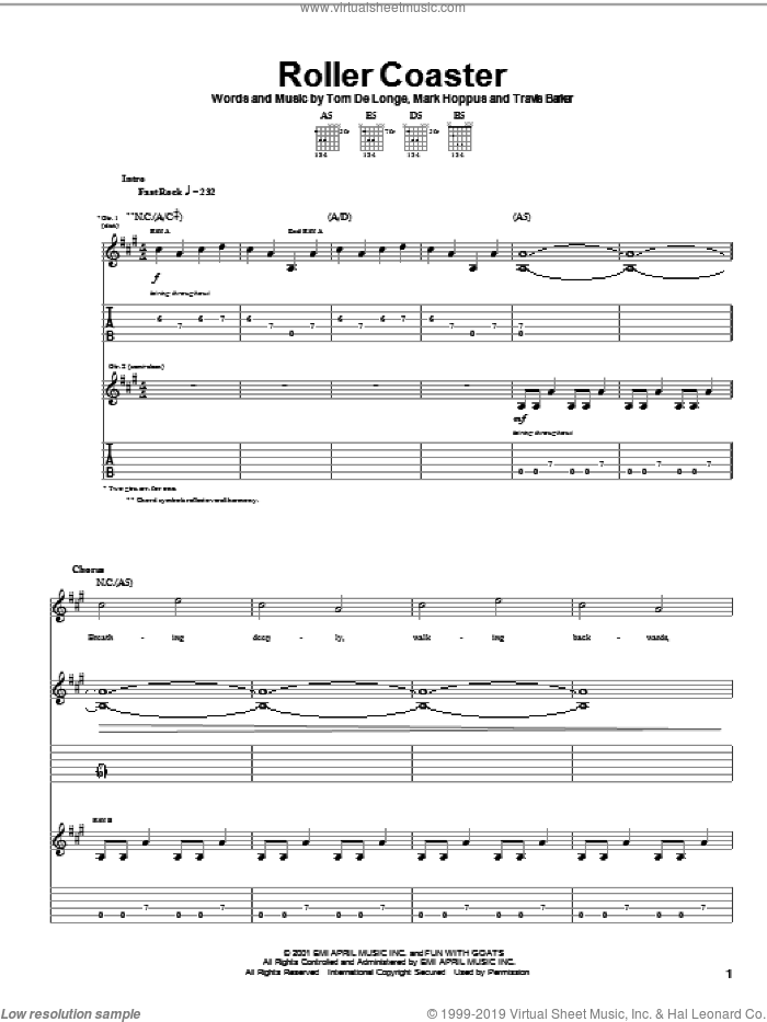 Roller Coaster sheet music for guitar (tablature) by Blink-182, Mark Hoppus, Tom DeLonge and Travis Barker, intermediate skill level